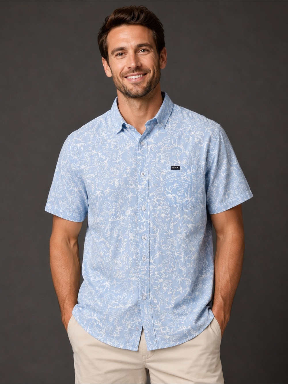 RVCA Men’s XL Blue Tropical Hawaiian Button Up Shirt Cotton Surf Beach